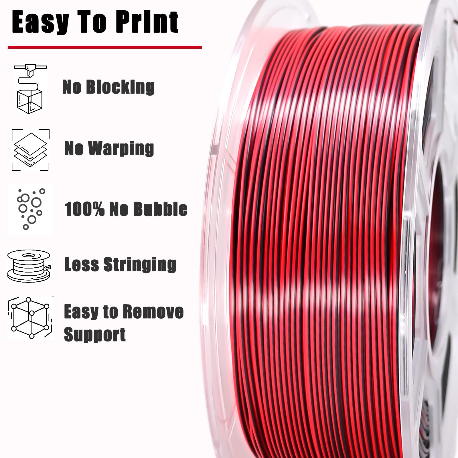 LOCYFENS PLA Filament 1.75mm, Silk PLA 3D Printer Filament, Dual Color Filament Black Red 2 in 1 Coextrusion 1.75 PLA Filament +/-0.02mm, 1kg/2.2lb - WoodArtSupply