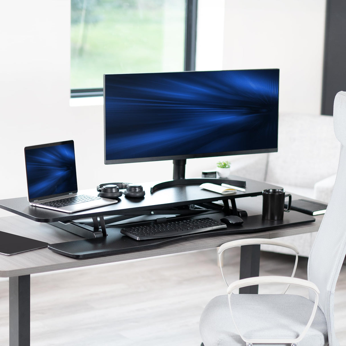 VIVO 48 inch Desk Converter, K Series, Height Adjustable Sit to Stand Riser, Dual Monitor and Laptop Workstation with Wide Keyboard Tray, Black, DESK-V048KB VIVO