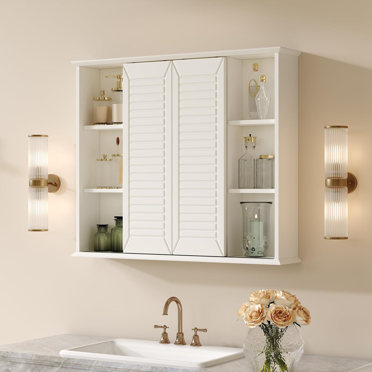FFBCFDK Bathroom Medicine Cabinet Mirror 28.3 x 23.8 inch Bathroom Mirror with Storage Wall Mounted Medicine Mirror Cabinet Wood Organizer with 2 Door Surface Mount Farmhouse Storage Cabinet FFBCFDK