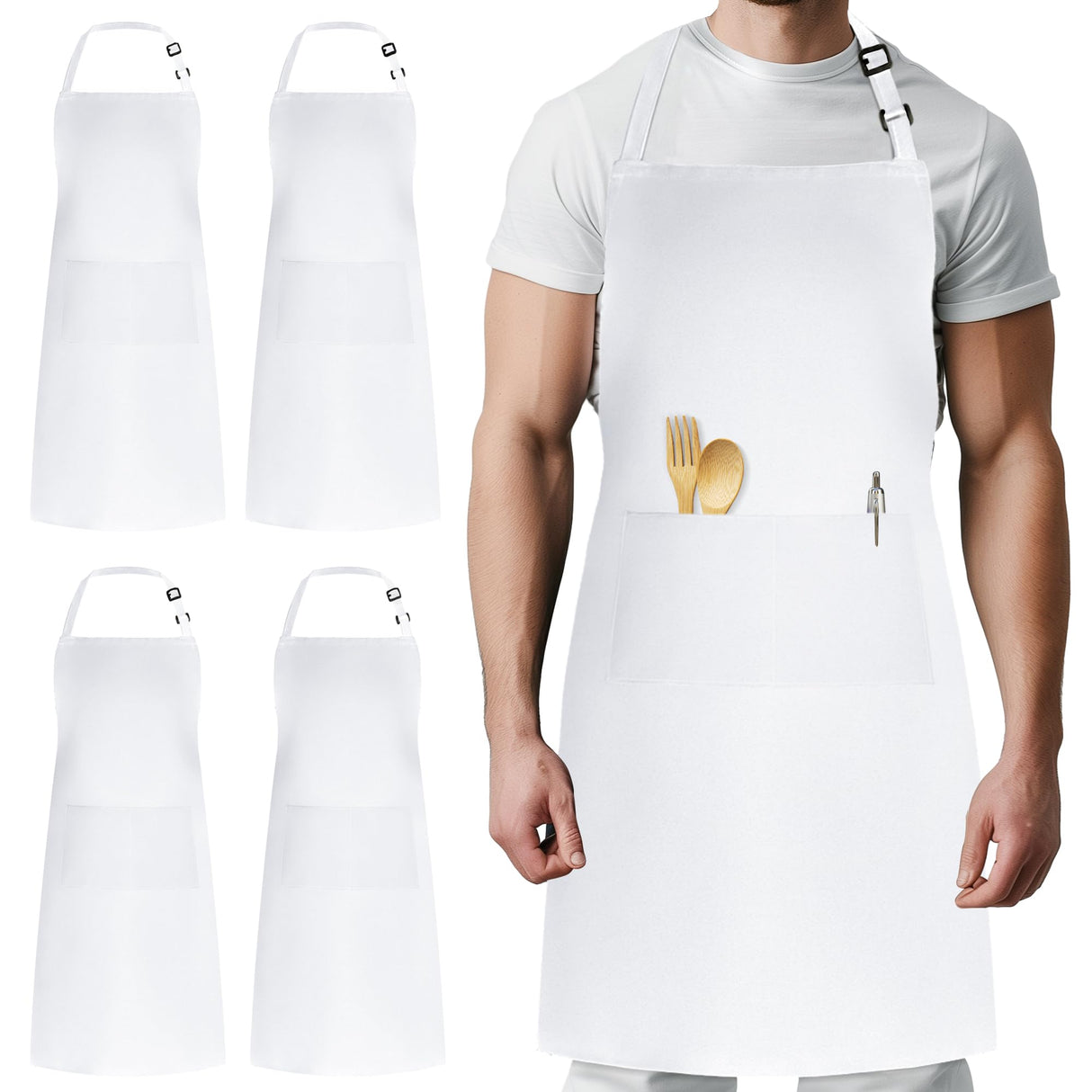 Syntus 4 Pack Adjustable Bib Apron Waterdrop Resistant with 2 Pockets Cooking Kitchen Aprons for Women Men Chef, White Syntus