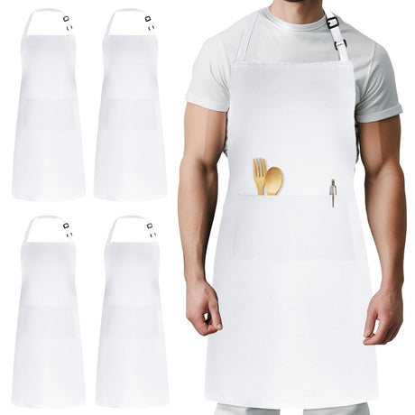 Syntus 4 Pack Adjustable Bib Apron Waterdrop Resistant with 2 Pockets Cooking Kitchen Aprons for Women Men Chef, White Syntus