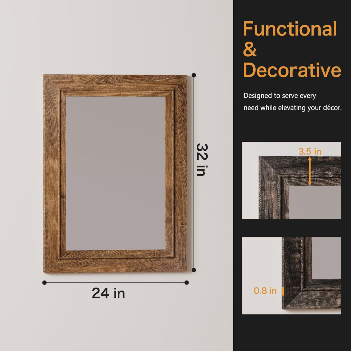 Rustic Wall-Mounted Vanity Mirror, Solid Wood Frame Bathroom Mirror, Farmhouse Style for Living Room, Bedroom, Entryway, Horizontal/Vertical Hanging ALBAD