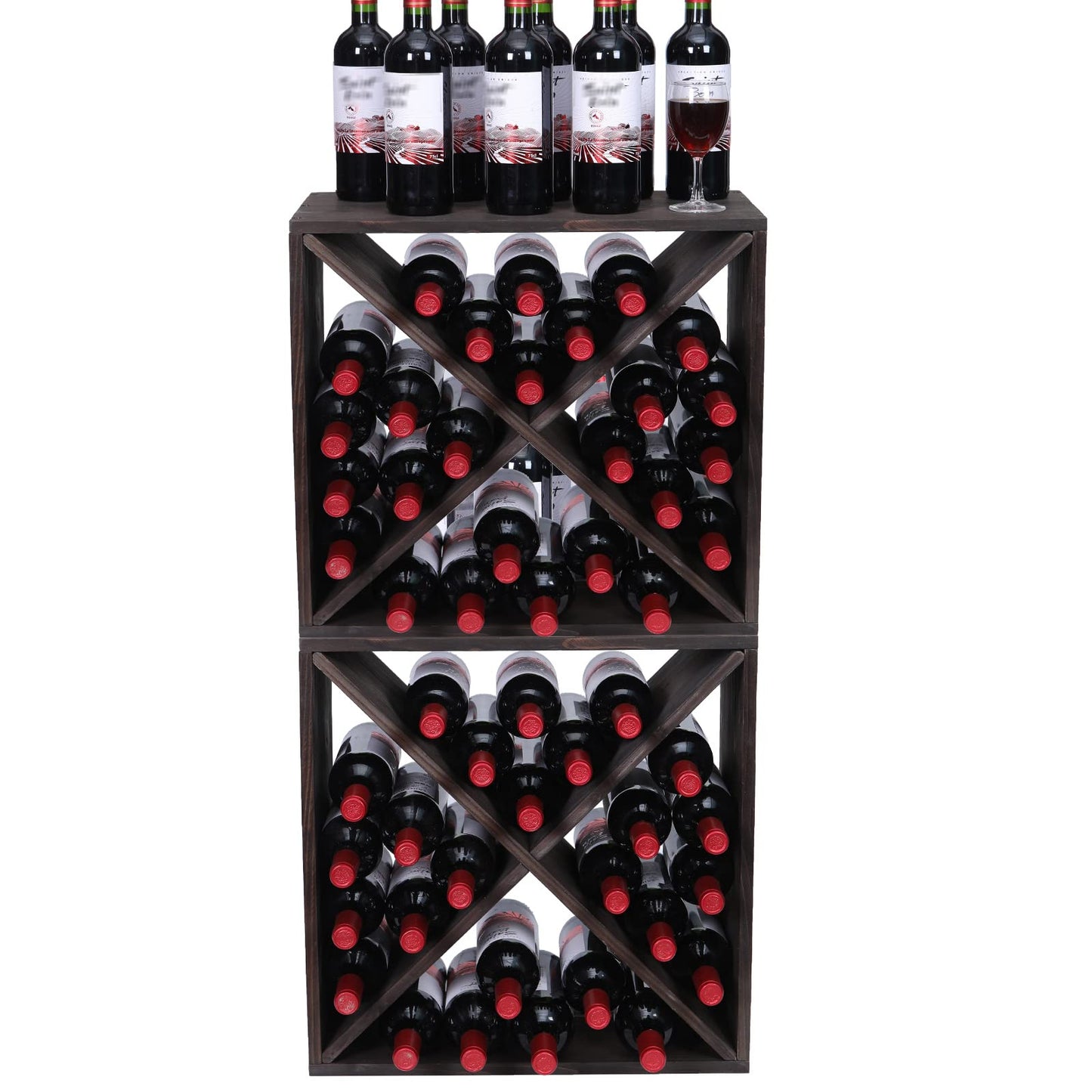 FDHUIJIA Wine Racks countertop Solid Wood Stackable Storage Rustic Retro Cube 48-Bottle Wooden Wine Rack Wine Cabinet(48BottleBlack) - WoodArtSupply