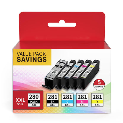 PGI-280XXL CLI-281XXL Compatible Replacement for Canon 280 and 281 Ink Cartridges Use with Canon PIXMA TR8520 8620 7520, TS9120 6200 6220 8120, 5-Pack