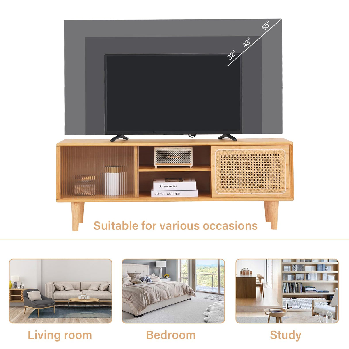 Tiita Rattan TV Stand for 55 Inch TV, Bamboo TV Cabinet with Adjustable Shelf and Storage, Boho Entertainment Center, Mid Century Modern Media Console for Bedroom, Living Room, Study (Natural) Tiita