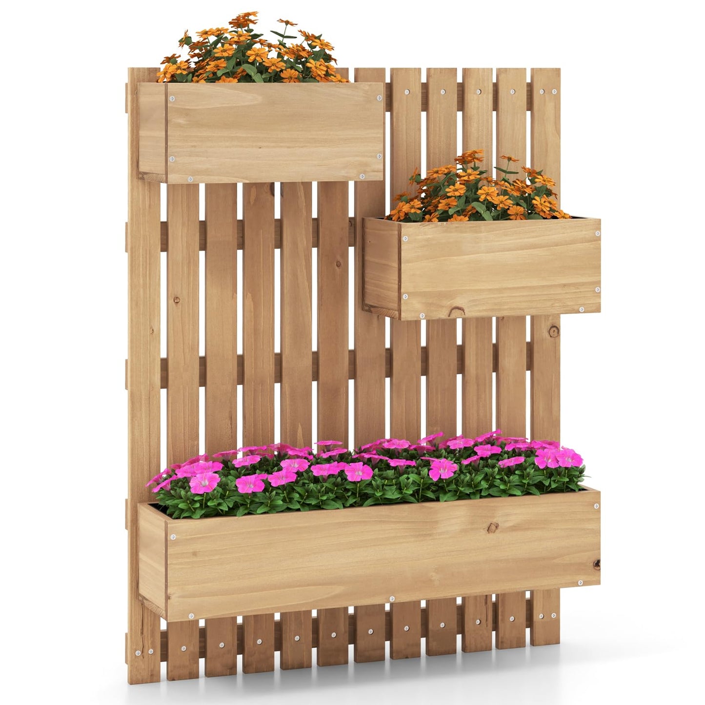 Giantex Wall-Mounted Raised Garden Bed w/Trellis Board, 3 Wooden Garden Boxes Set w/Drainage Hole, Fabric Liners, Hanging Hooks, Indoor Outdoor Decorative Planters for Fruit Vegetable Vine Flower