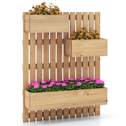 Giantex Wall-Mounted Raised Garden Bed w/Trellis Board, 3 Wooden Garden Boxes Set w/Drainage Hole, Fabric Liners, Hanging Hooks, Indoor Outdoor Decorative Planters for Fruit Vegetable Vine Flower