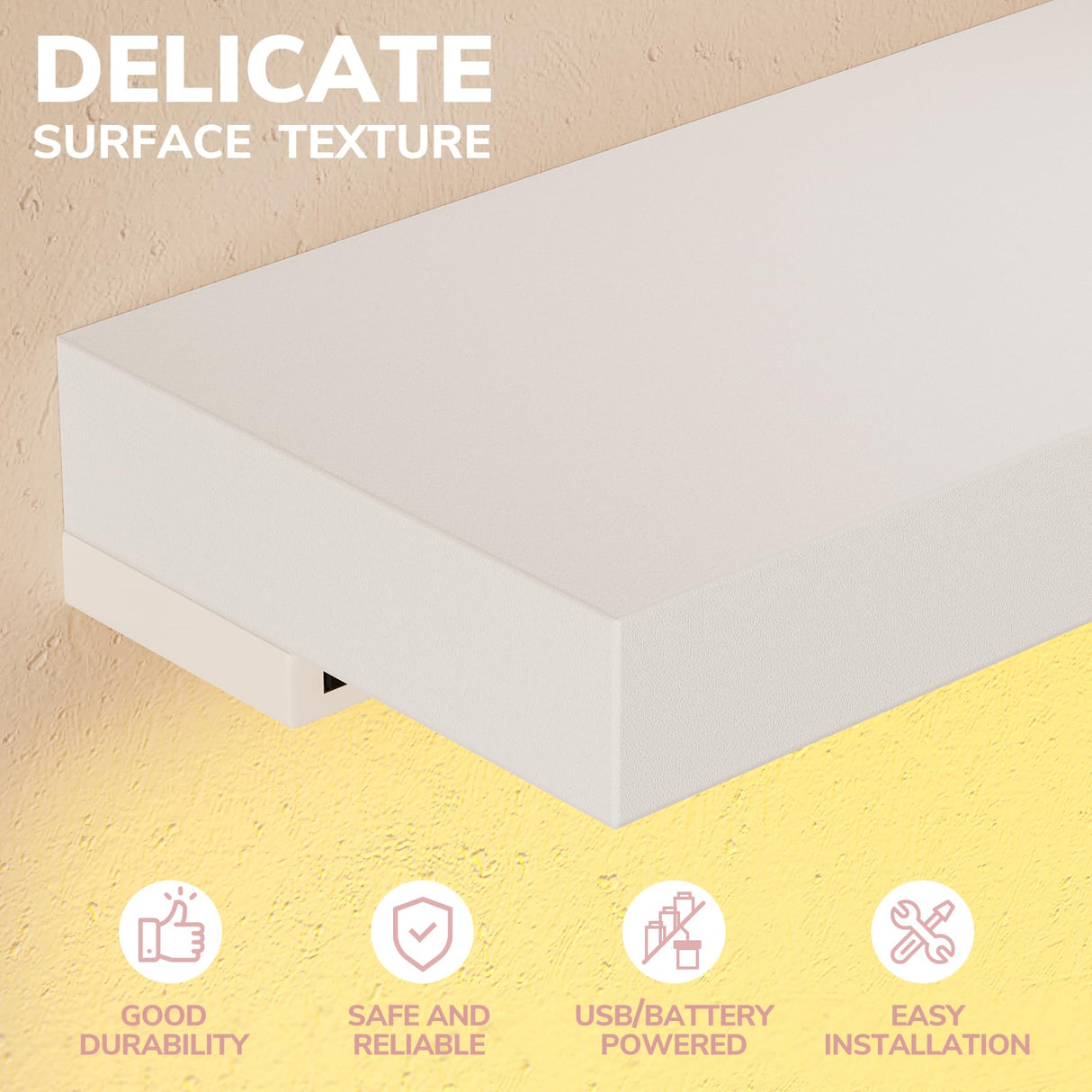 BAMEOS Floating Shelves with LED Lights, 31" White Wall Mounted Wooden Shelves with Invisible Brackets, Set of 2, Hanging Wall Shelves for Bedroom, Bathroom, Living Room and Kitchen Decoration BAMEOS