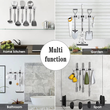 2 Pack 3 Racks and 4 Hooks Broom and Mop Holder Wall Mounted Garage Organizer Storage Tool Racks Stainless Steel Heavy Duty Hooks Self Adhesive Solid Non-slip Wall Hangers for Home Kitchen Garden AceMining