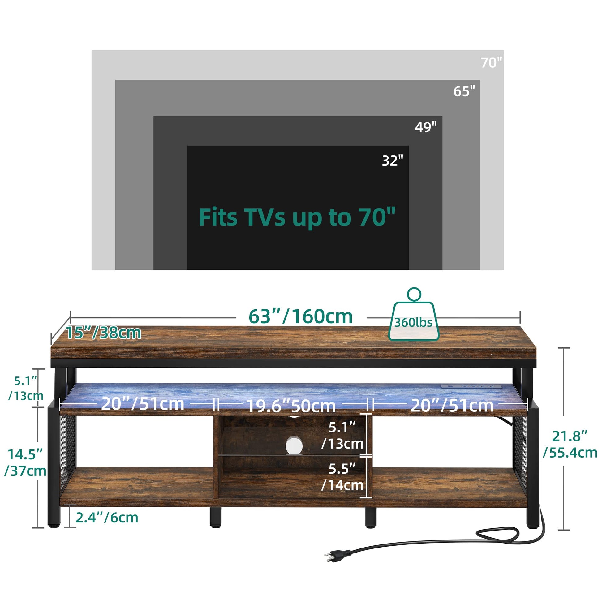 YITAHOME LED Television Stands w/Power Outlets for 70/65 inch, Modern Industrial TV Stand, Entertainment Center w/Open Storage, Entertainment Center for 360lbs for Living Room, Retro Brown - WoodArtSupply