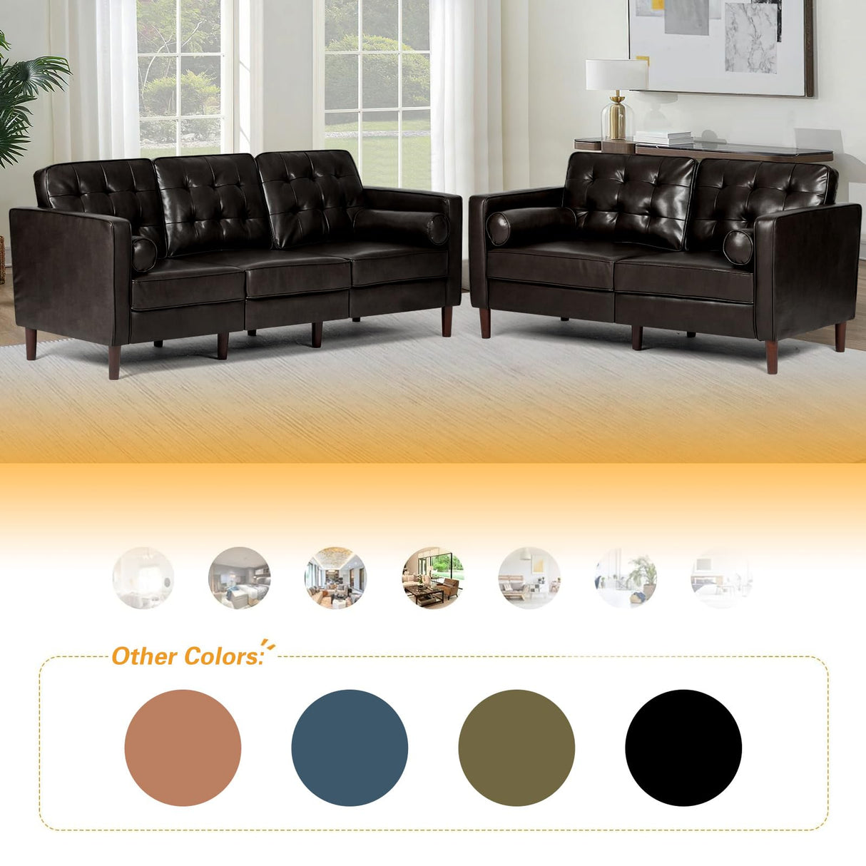 ACMEASE 67" Premium Faux Leather 2-Seater Sofa with 2 Bolster Pillows and Tufted Backrest, Mid-Century Modern Loveseat Sofa, Luxury Couch for Living Room, Bedroom, Office, Dark Brown ACMEASE