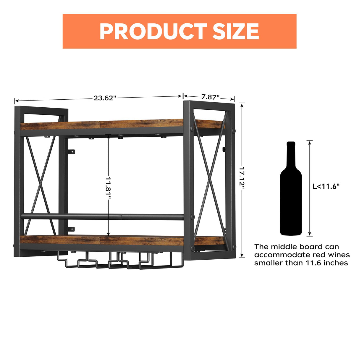 Homeiju Wall Mounted Wine Rack, Bottle & Glass Holder Wood-Metal Retro Wine Rack, Wine Bottles Display Wall Storage for Kitchen Dining Room Home Bar Homeiju