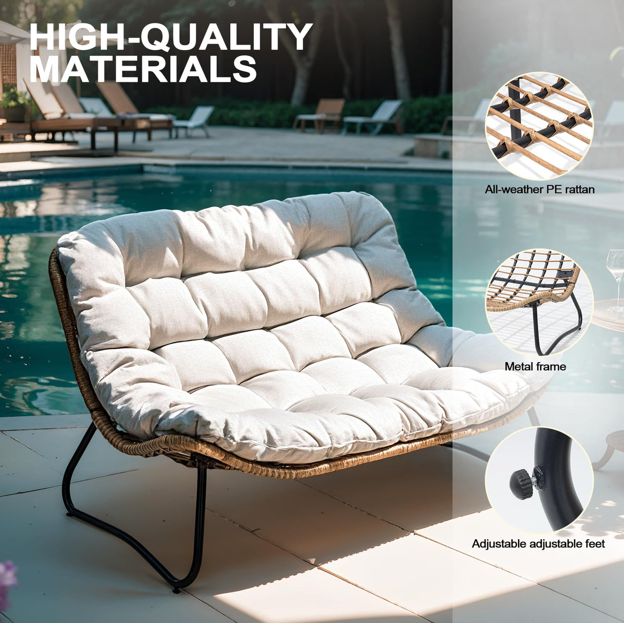 Crestlive Products Outdoor Loveseat, 2 Seater Outdoor Couch with Soft Cushion, All-Weather Boho Rattan Patio Furniture for Balcony, Poolside, Backyard, Porch (Beige) Crestlive Products