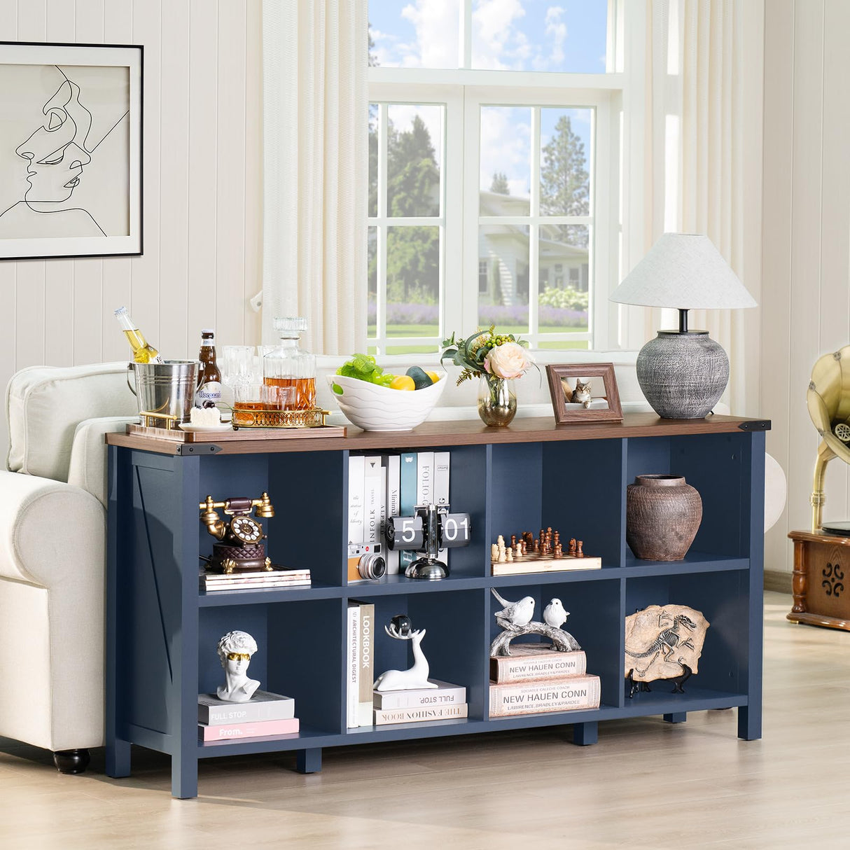 Joaxswe 8 Cube Book Shelf, Farmhouse Wood Long Storage Organizer Bookcase, 62" Horizontal Navy Blue Console Closet Bookshelf, Hallway TV Stand for Entryway, Display Cabinet Book Case for Living Room Joaxswe