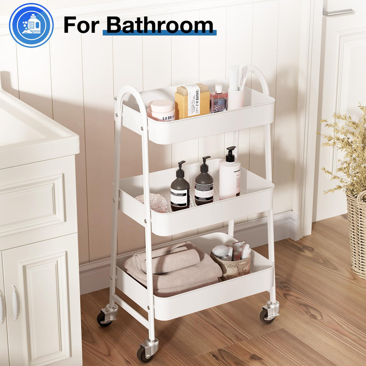 OLIXIS 3 Tier Utility Rolling Cart, Metal Mobile Storage Shelf with Lockable Caster Wheels, Organization for Livingroom, Bathroom, Kitchen, & Narrow Places, White OLIXIS