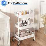 OLIXIS 3 Tier Utility Rolling Cart, Metal Mobile Storage Shelf with Lockable Caster Wheels, Organization for Livingroom, Bathroom, Kitchen, & Narrow Places, White OLIXIS