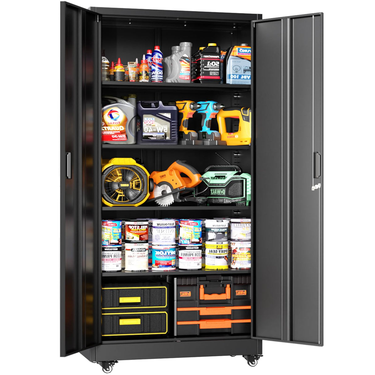 Greenvelly 73" Metal Garage Storage Cabinet with Wheels, Black Lockable Metal Cabinet with 2 Doors and 4 Adjustable Shelves, Rolling Steel Tool Organization for Garage, Home, Office, School Greenvelly