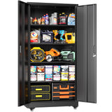 Greenvelly 73" Metal Garage Storage Cabinet with Wheels, Black Lockable Metal Cabinet with 2 Doors and 4 Adjustable Shelves, Rolling Steel Tool Organization for Garage, Home, Office, School Greenvelly