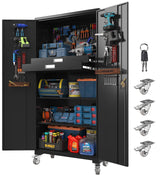 Metal Storage Cabinet with Doors & Adjustable Shelves, 72 Inch Black Lockable Garage Cabinet with Wheels & Drawers & Pegboard for Office, Gym, Basement, Warehouse basenji