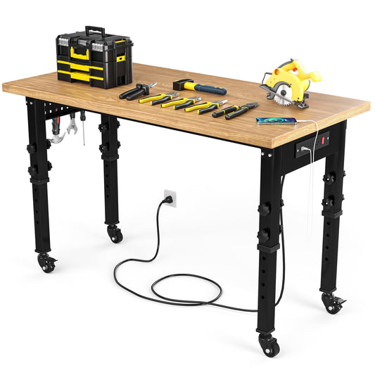 YITAHOME Adjustable Workbench with Wheels 48in Work Bench for Garage W/Pegboard & Power Outlets Heavy-Duty Workstation, 1600 LBS Load Capacity for Workshop, Office, Home Outdoor - WoodArtSupply