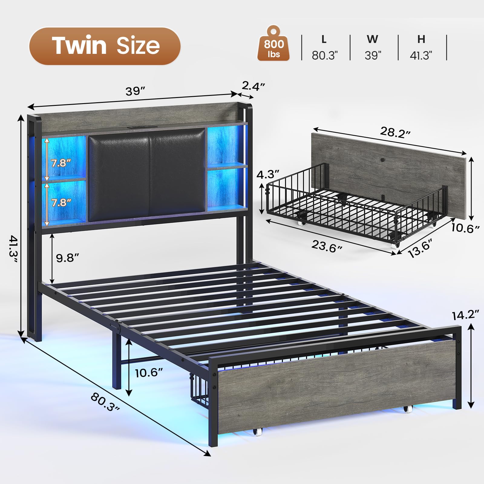 AOGLLATI Modern Twin Bed Frame with LED Lights, Storage Headboard and Drawers in Black Oak - WoodArtSupply