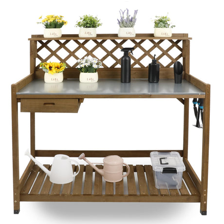 PetsCosset Garden Potting Benches & Tables,Outdoor Wooden Work Station W/Metal Table Top,Drawer,Large Bottom Shelf,Open Shelf Natural Wood-Natural Stained PetsCosset
