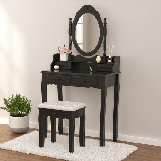 Alohappy Girls Vanity Desk, Makeup Vanity Set with Mirror & Stool, Makeup Table Black Vanity Desk with 4 Drawers Vintage Rose Carving Dressing Desk