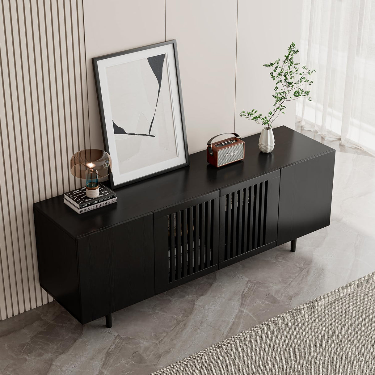 ROMMAK Boho TV Stand for 55-65 Inch TV, 4 Doors, Entertainment Center with Adjustable Shelf, TV Console with 4 Cabinets, Media Console, Solid Wood Feet, Cord Holes for Living Room, Bedroom, Black ROMMAK