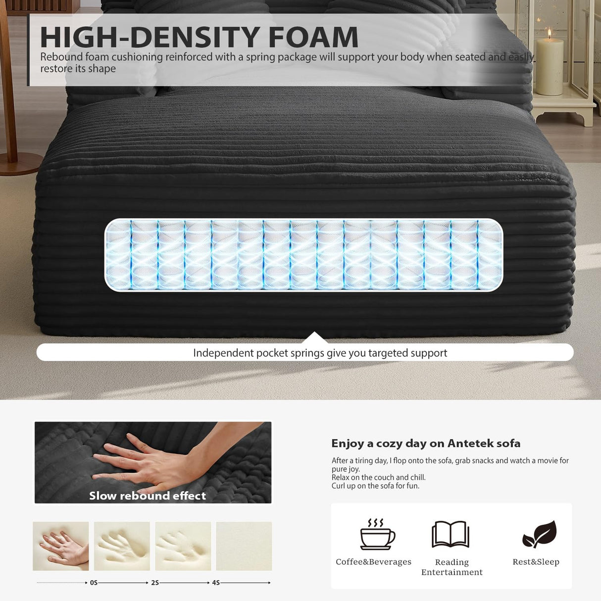 67 Inch Oversized Chaise Lounge Chair Indoor, Corduroy Upholstered Boneless Sofa Bed, Deep Seat Sleeper Couch Reading Chairs, Cloud Sofas Couches for Living Room, No Assembly Required (Black) HANXIN