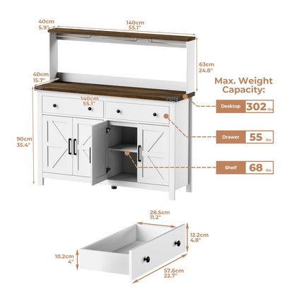 VVFLU Hutch Storage Cabinet Buffet with Drawers, and Charging Station, Coffee Bar Cabinet with Barn Doors, Wine Rack and Hooks, Countertop, Long Farmhouse, White, for Kitchen, Dining Room, 60 - WoodArtSupply