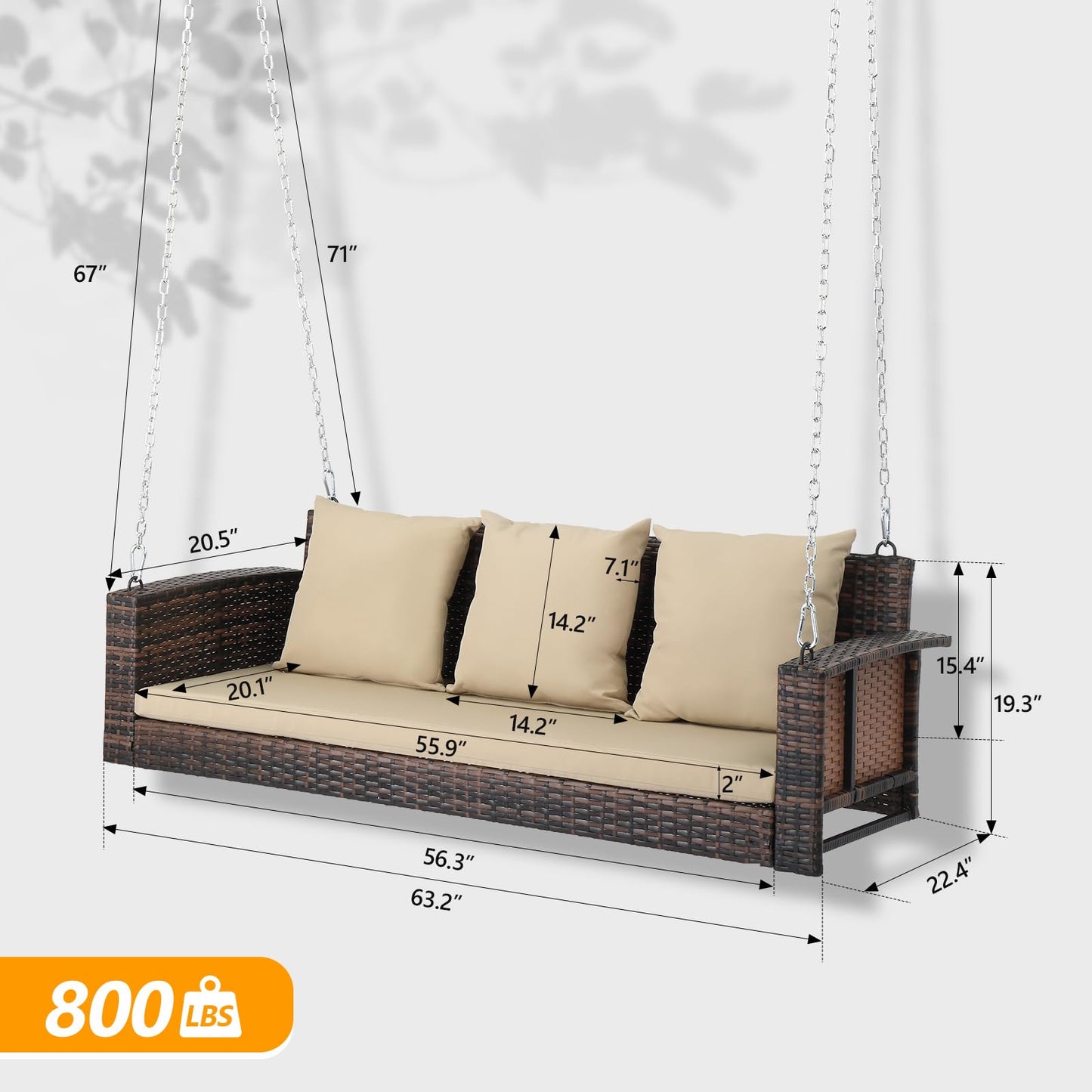 VINGLI Heavy Duty 800 LBS Wicker Hanging Porch Swing with Cushions & Chains, 5FT Outdoor Rattan Swing Bench for Garden, Yard, Lawn (Brown) - WoodArtSupply