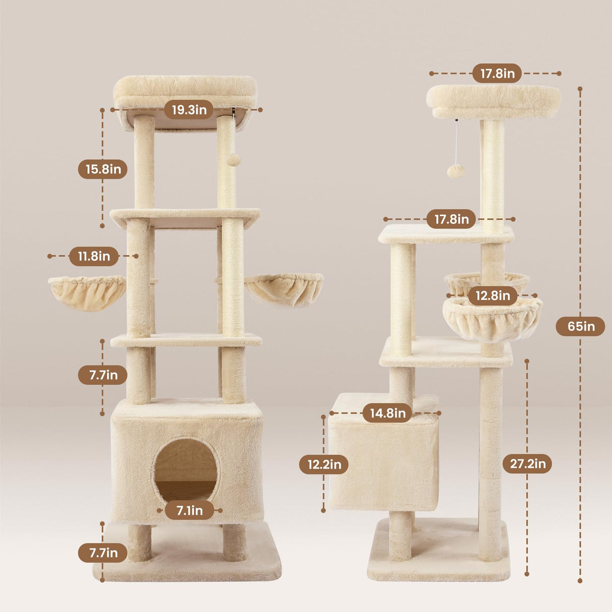 Gardner Pet Cat Tree, 65" Cat Tower with Scratching Post Cat Trees for Indoor Cats Large Adult Modern Cat Tree High Climbing Tower Home Decoration Beige-Basic Gardner Pet