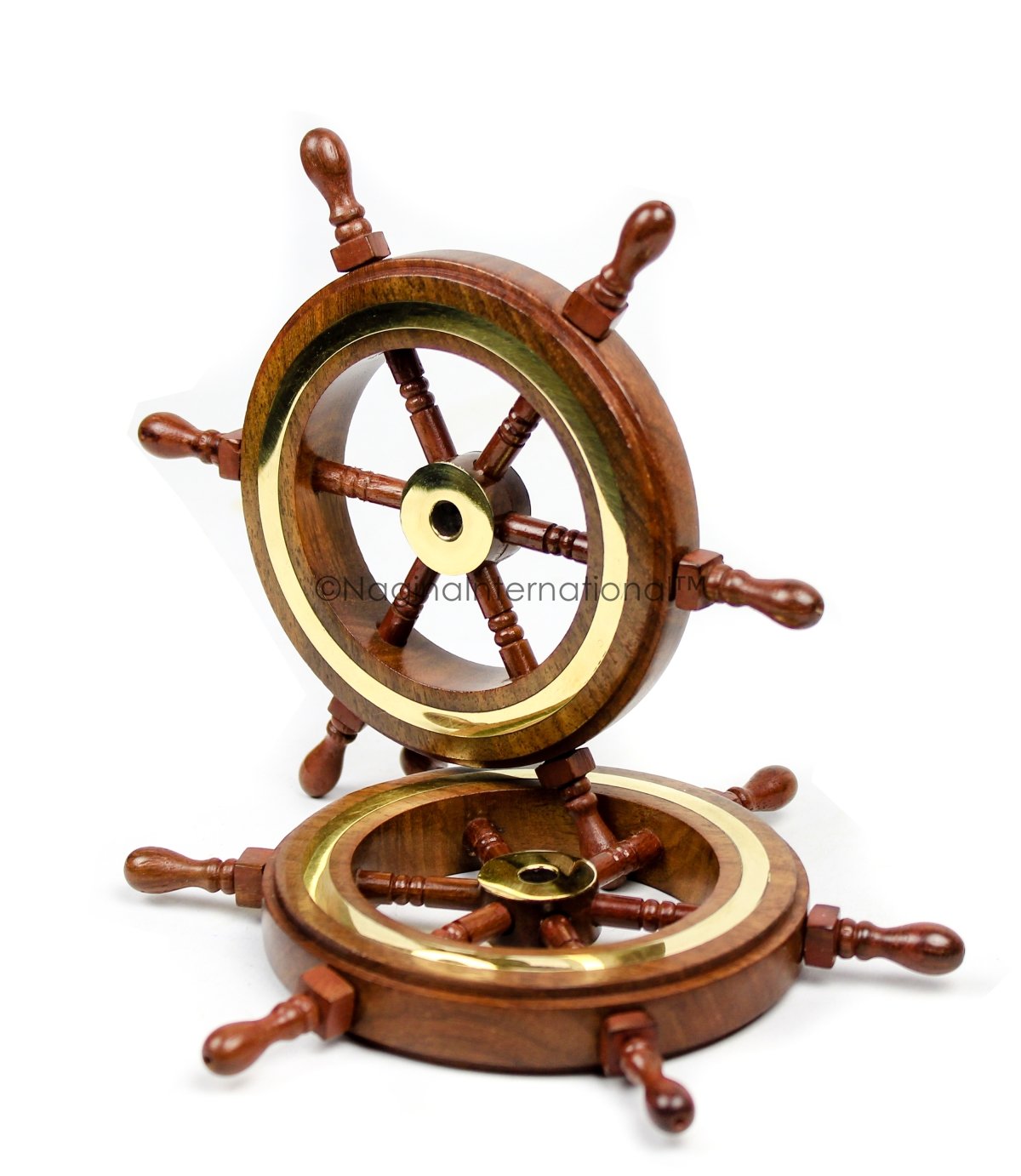 Nagina International 4" Small Rosewood Crafted Brass Ring Ship Wheel | Pirate's Adult Nautical Decor Steering Wheel | Maritime Nursery Decor Nagina International