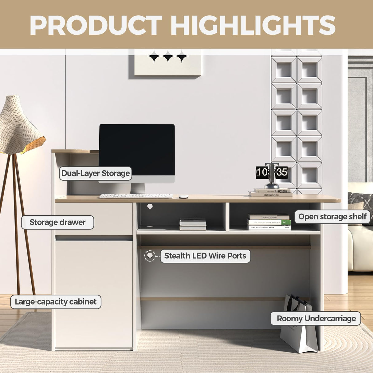 Nuipesn Modern L Shape Reception Desk with Counter – Front Desk Receptionist Counter with Storage Shelves, Drawer & LED Light for Office, Salon, Store (White+Natural, 59" L * 20" W * 40" H/Left) Nuipesn
