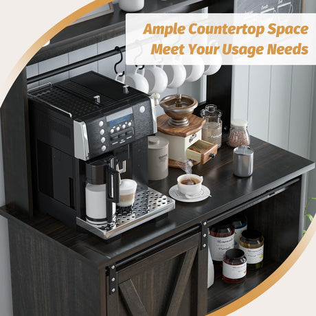 4ever2buy Farmhouse Coffee Bar Cabinet with Sliding Barn Door, 50'' Farmhouse Coffee Bar with 6 Hooks, Coffee Bar with Hutch for Living Dining Room, Dark Oak 4ever2buy