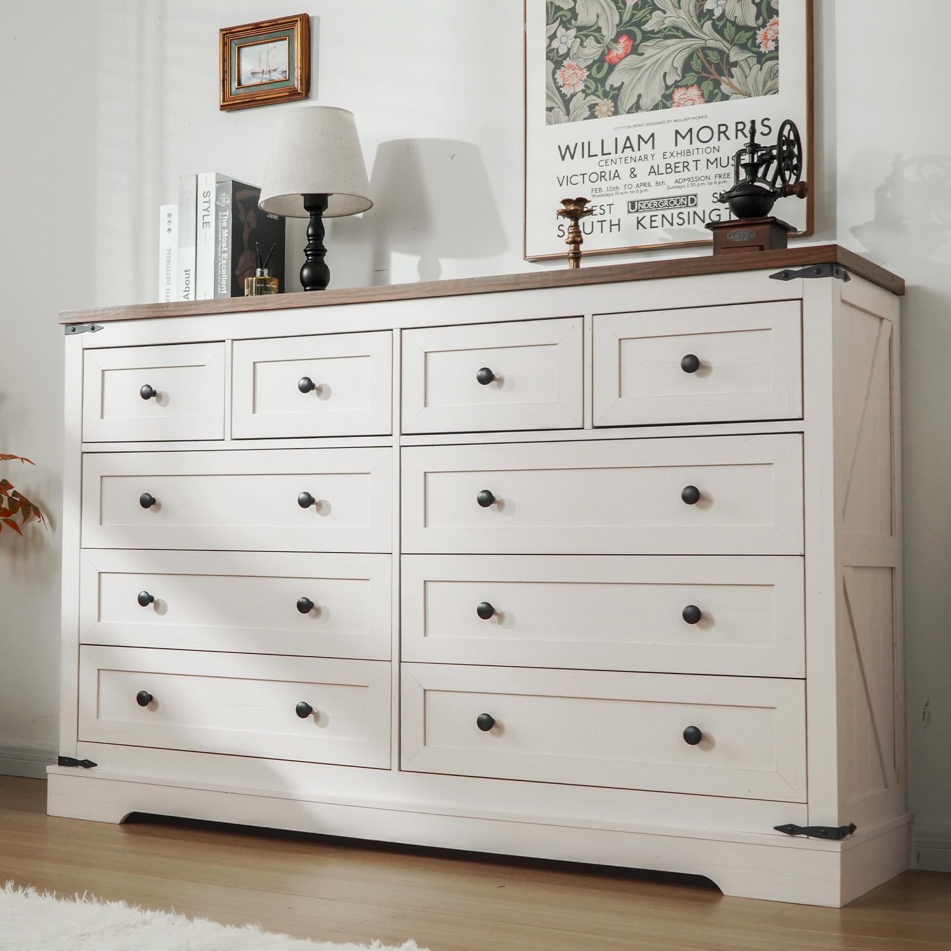 EnHomee 10 Drawer Dresser for Bedroom, Wood Dressers & Chest of Drawers for Bedroom, Hallway, Antique White,15" D x 55" W x 35.6" H - WoodArtSupply