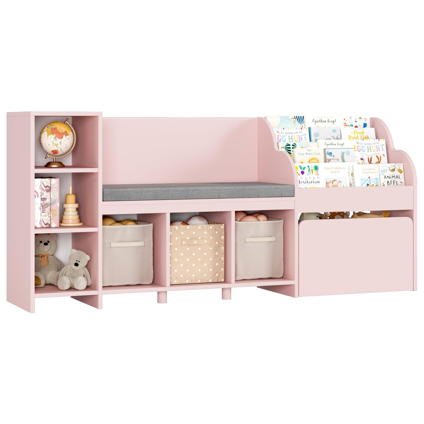 HOSTACK 67" Pink Kids Reading Nook with Bench, Bookshelf, Cushioned Seat & 6 Storage Cubbies - WoodArtSupply