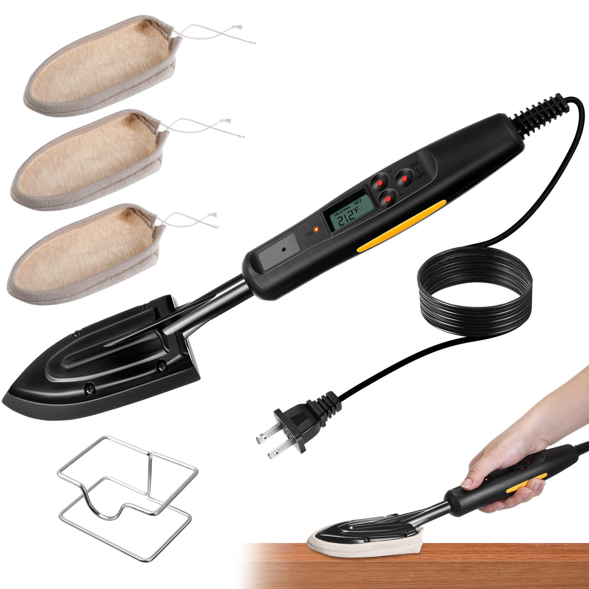 Dreyoo 5 Pcs Digital LCD Edge Banding Iron Set, 110V Veneer Edge Banding Sealing Iron, Wood Edge Banding with 3 Cotton Socks, Metal Stand, Edge Bander Temperature 100-220℃, Iron for Edge Banding Dreyoo