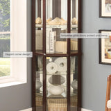 Lighted Corner Curio Cabinet with Tempered Glass Doors and Shelves, 72"H Glass Display Cabinet with Curved Top Carving, Light Bulb Included, Rack for Liquor Storage and Living Room (Dark Cherry) Eyisean