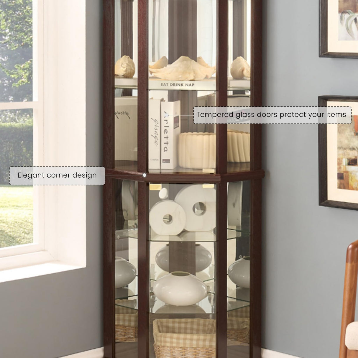 CKEASEAN 72" H Lighted Curio Cabinet with Light Blub, Glass Display Cabinet with 6 Adjustable Shelves, Tempered Glass Doors, Corner Wine Cabinet Storage Rack for Bar and Liquor Storage (Dark Cherry) CKEASEAN