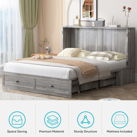CECER Queen Size Murphy Bed with Tri-Folding Mattress，Murphy Bed with Charging Station and 2 Large Storage Drawers for Small Spaces/Bedroom（Grey） CECER