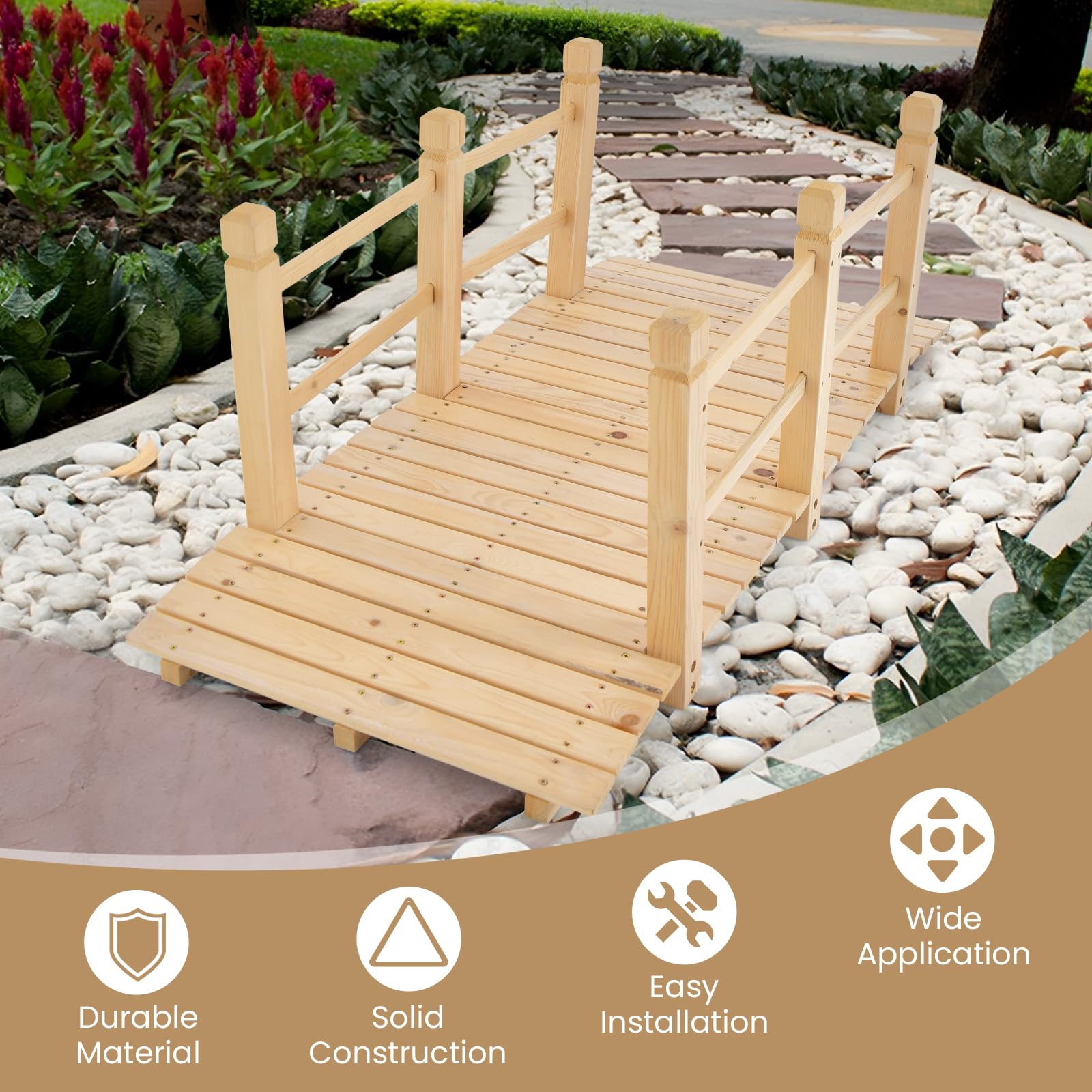 HAPPYGRILL 5FT Wooden Garden Bridge, Decorative Landscaping Bridge with Classic Arc Footbridge & Double Safety Railings, Garden Bridges for Outdoors, Backyard, Garden Farm (Natural) - WoodArtSupply