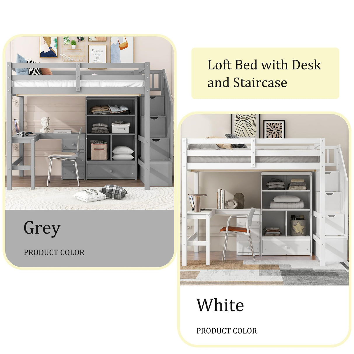 Linique Twin Loft Bed with 3-Drawers L-Shape Desk, Bookcase, Cabinet and Storage Staircase, Solid Wood Twin Bed Frame with Full Length Guardrail (White) Linique