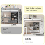 Linique Twin Loft Bed with 3-Drawers L-Shape Desk, Bookcase, Cabinet and Storage Staircase, Solid Wood Twin Bed Frame with Full Length Guardrail (White) Linique