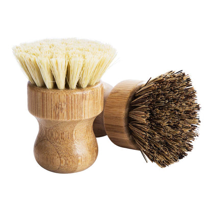 Palm Pot Brush- Bamboo Round 3 Packs Mini Dish Brush Natural Scrub Brush Durable Scrubber Cleaning Kit with Union Fiber and Tampico Fiber for Cleaning Pots, Pans and Vegetables