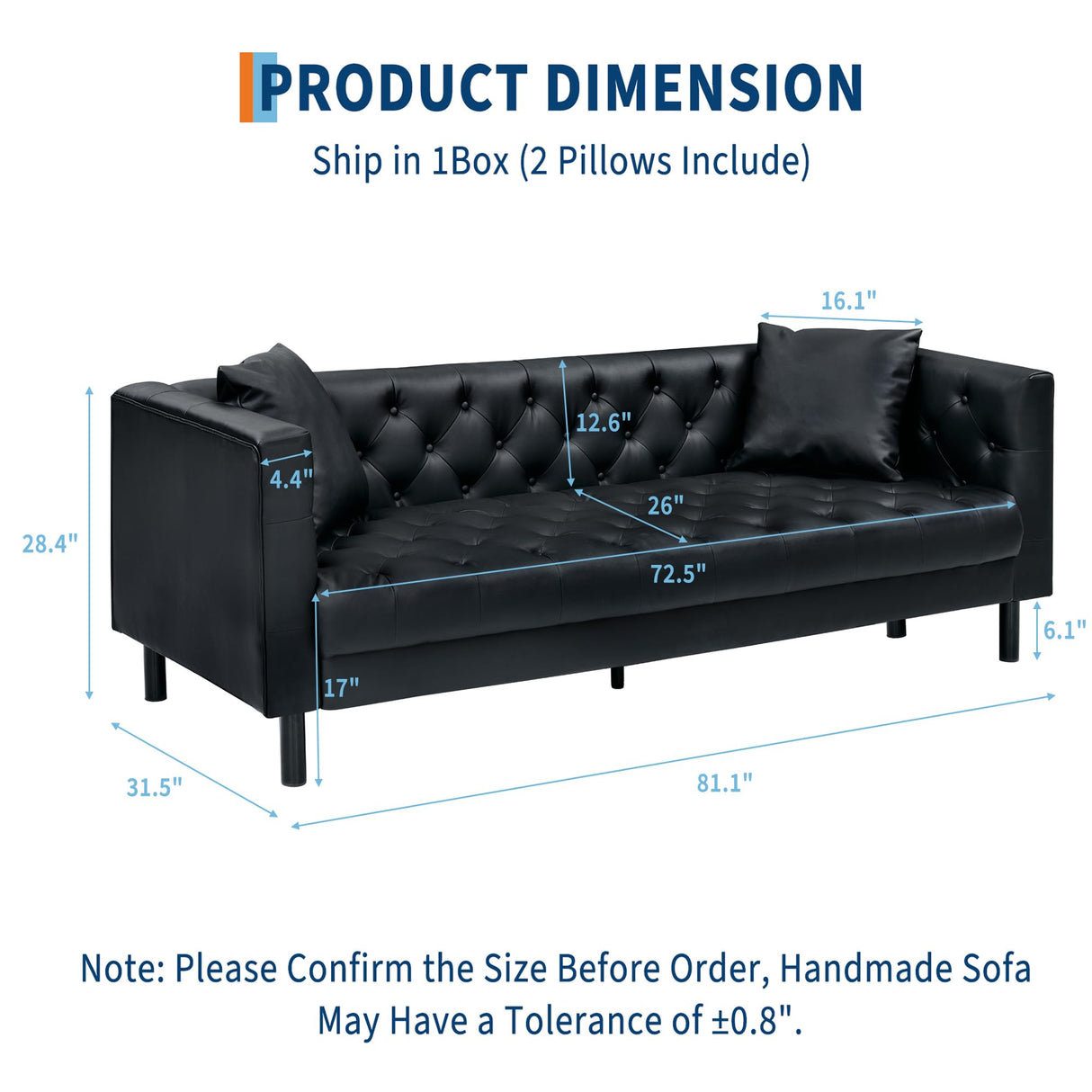 GarveeHome 81 in Leather Couch for Living Room, Modern Leather Sofa with Deep Seat, Handmade Button Tufted 3 Seater Sofa, Chesterfield Couch for Apartment, Office, Black GarveeHome