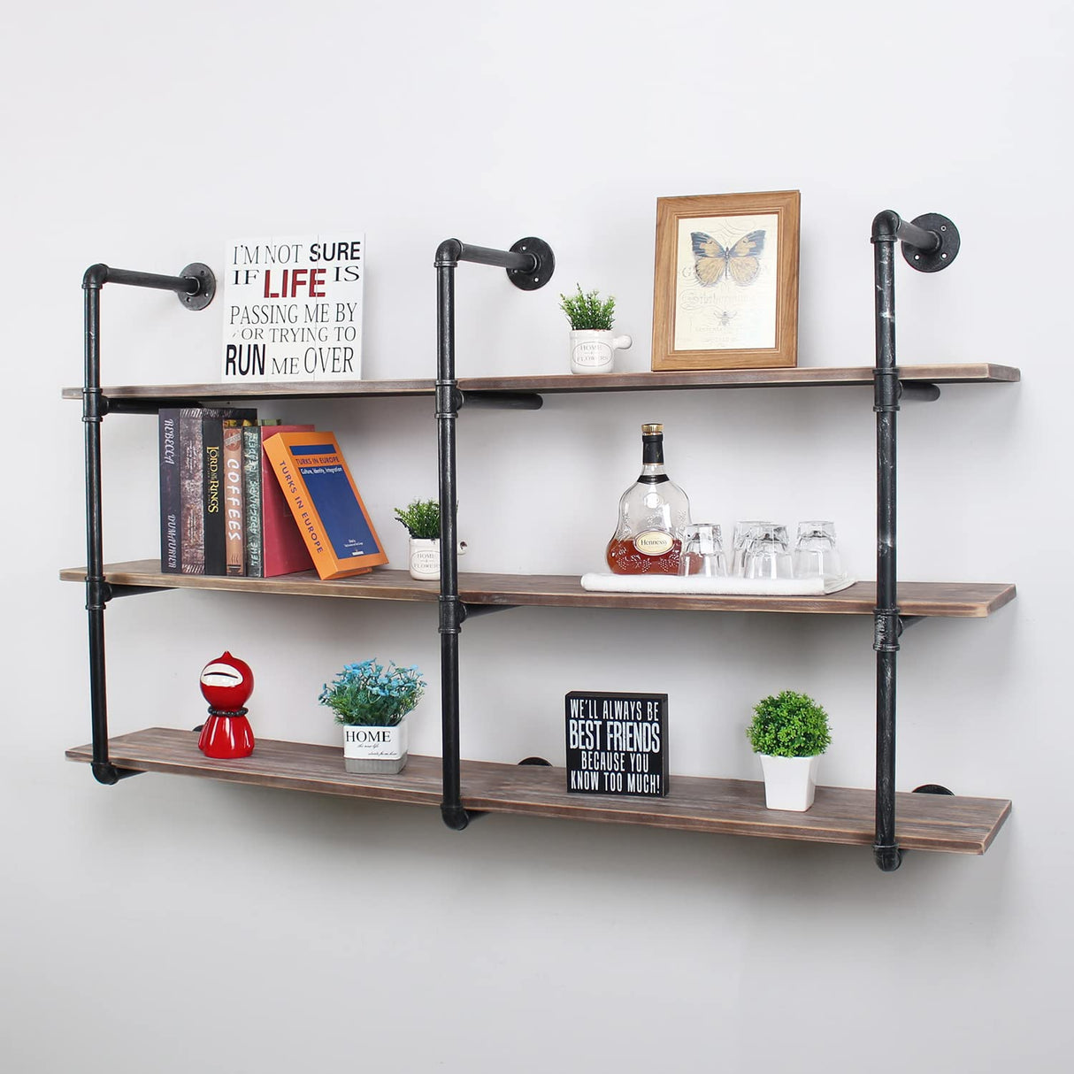 Industrial Pipe Shelving Wall Mounted,63in Rustic Metal Floating Shelves,Steampunk Real Wood Book Shelves,Wall Shelf Unit Bookshelf Hanging Wall Shelves,Farmhouse Kitchen Bar Shelving(3 Tier) MBQQ