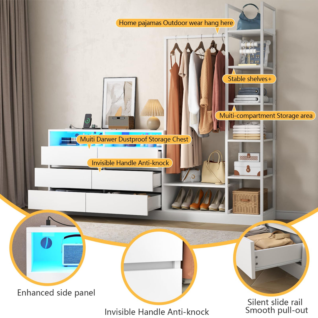 Loomie 6 Drawers Dresser with Hanging Rack & 6 Tiers Shelves, LED Dressers & Chests of Drawers with Power Outlet, 63" Wide Long 4 in 1 Storage Unit Dressers, Closet Dresser for Bedroom (White) Loomie