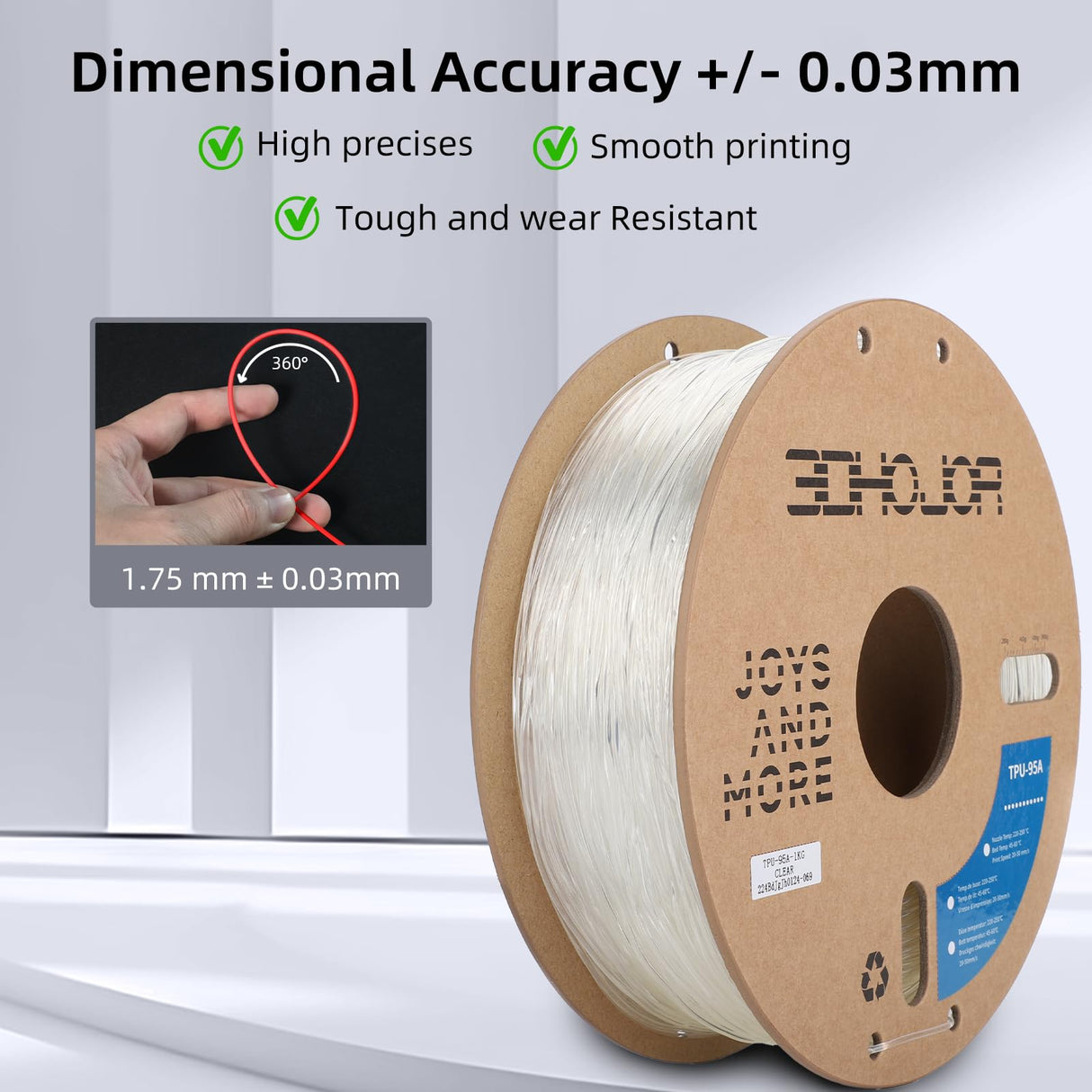 3DHojor TPU Filament 1.75mm TUP95A 3D Printer Filament Flexible Soft 3D Filament 1KG (2.2lbs) fit Most FDM 3D Printers Dimensional Accuracy +/- 0.03 mm-Natural 3DHoJor