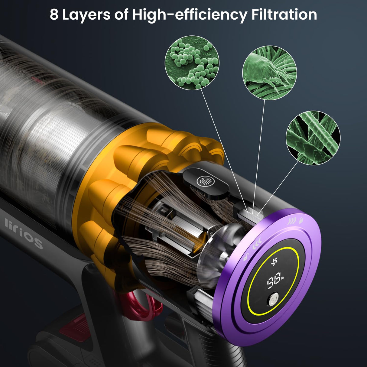 Cordless Vacuum Cleaner, 550W/45Kpa/70Mins Vacuum Cleaners for Home, Stick Vacuum Cordless with Low Noise, LED Screen, Wall Mount Charging,1.6L Dust Cup, Rechargeable Vacuum Pet Hair/Carpet/Hardfloor Iirios